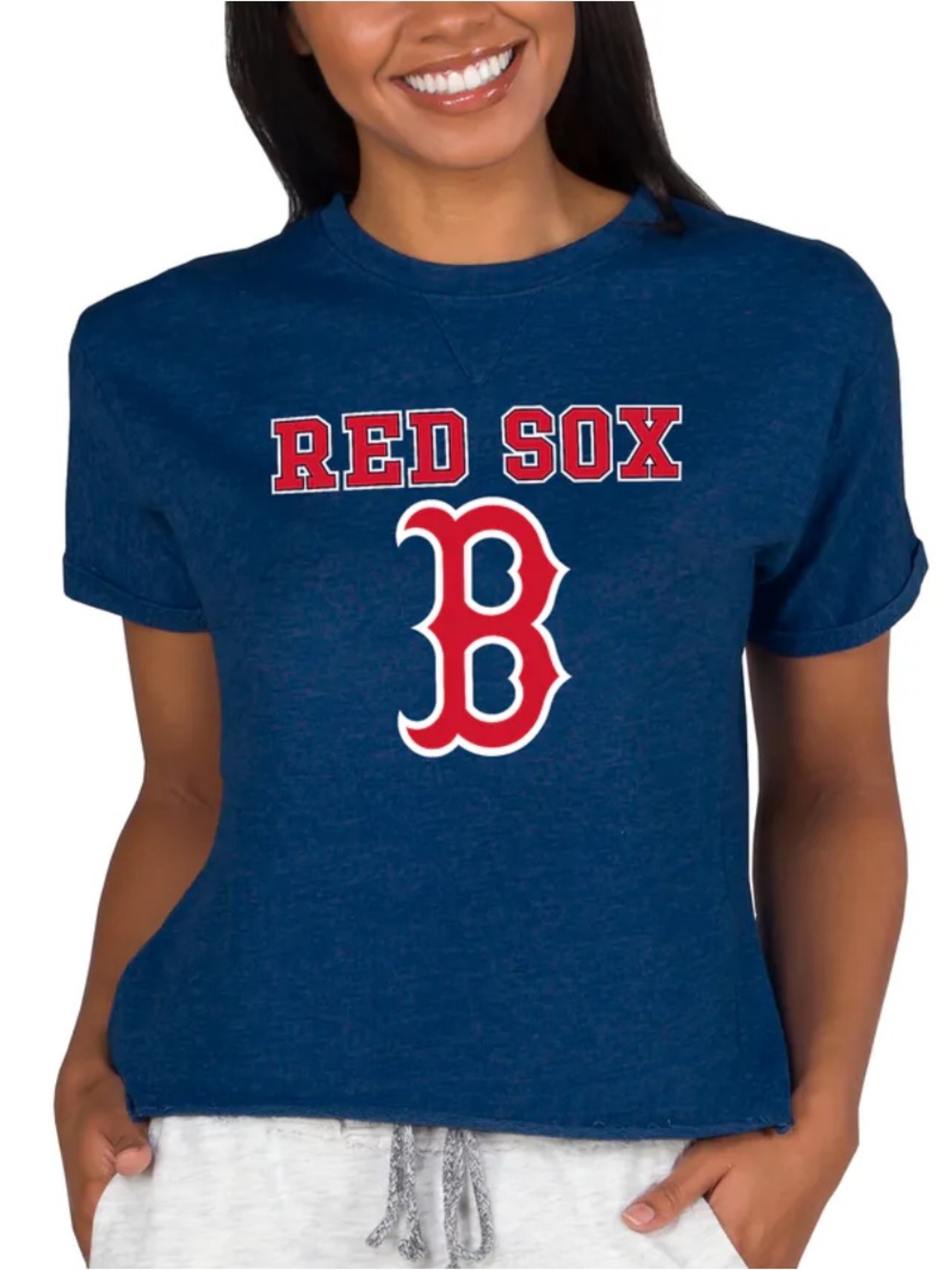 Women’s Boston Red Sox Sport Navy Tri-Blend Terry Short Sleeve Sweatshirt Top